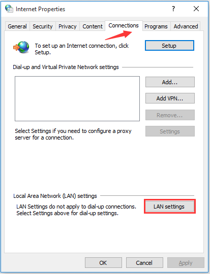 click LAN settings