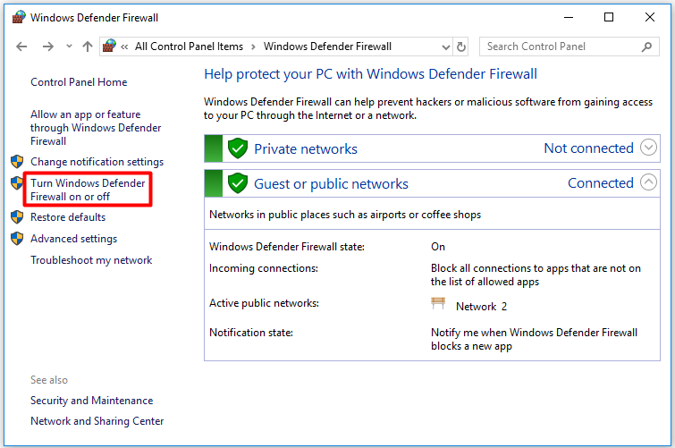click on the Turn Windows Defender Firewall option