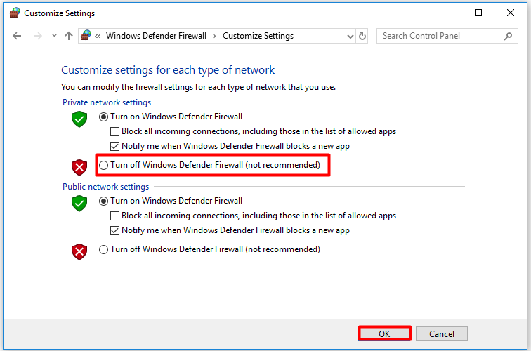 check the Turn off Windows Defender Firewall checkbox