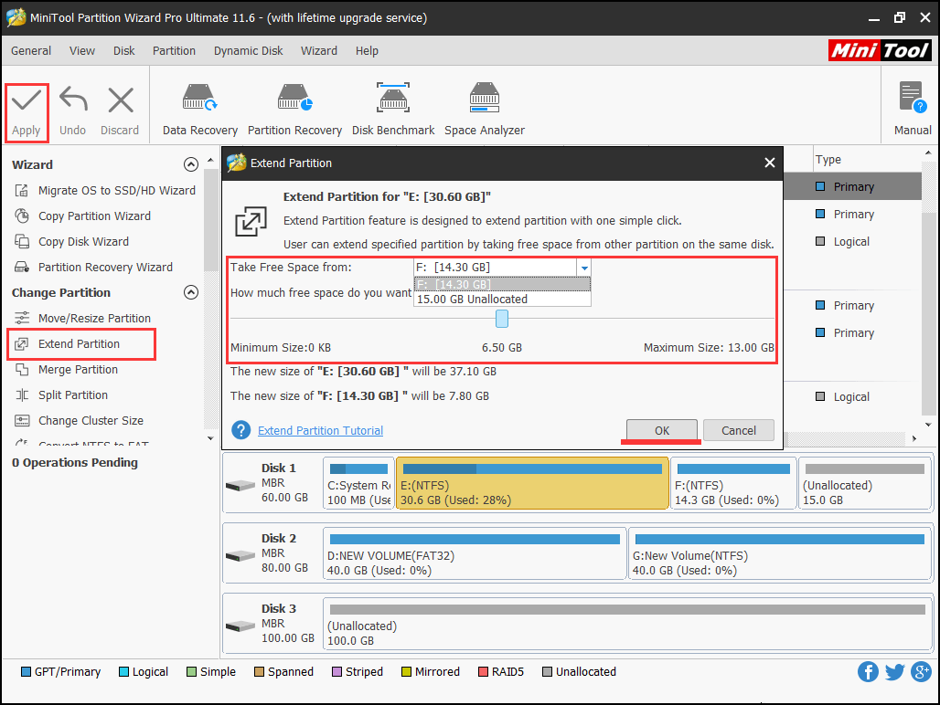 Partition Wizard extend partition feature