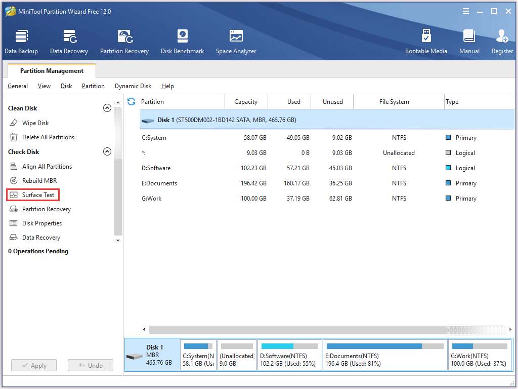 select Surface Test to check the selected hard disk