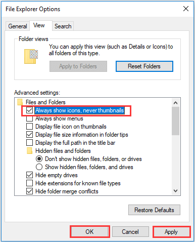 disable thumbnails in File Explorer Option