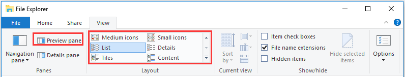 disable Preview pane and change folder view