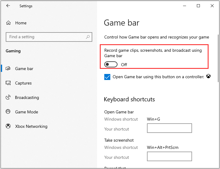 game bar settings