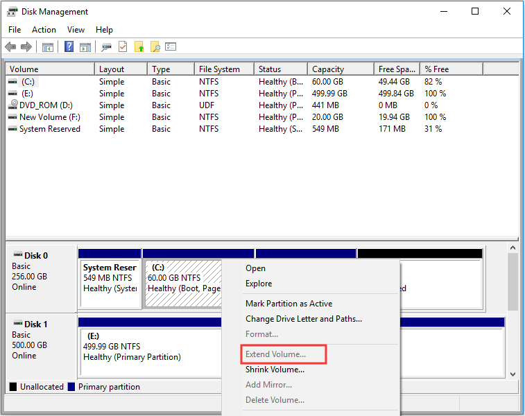 Extend Volume is inactive