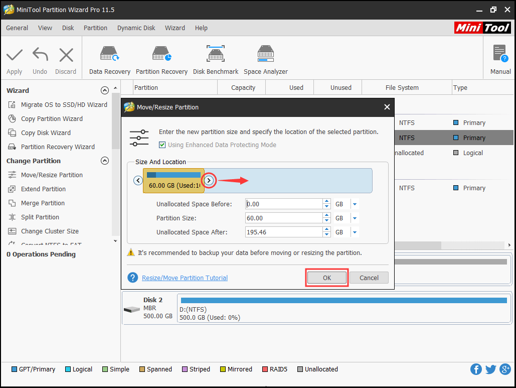 adjust the new partition size