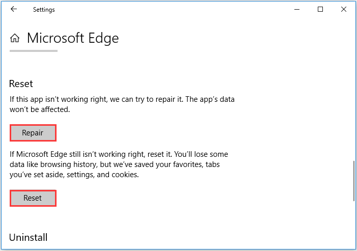 repair or reset Microsoft Edge