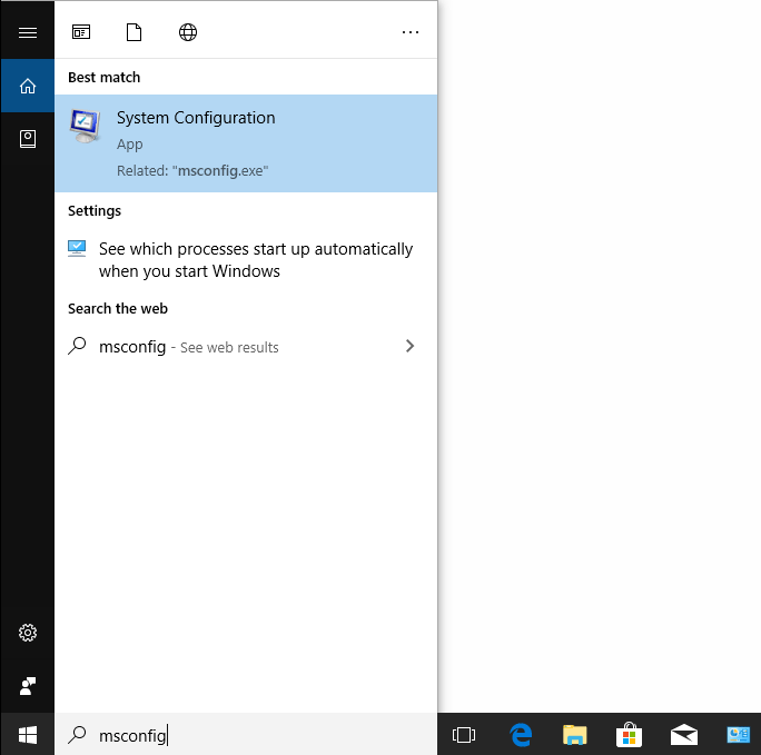 open MSConfig through Windows search box