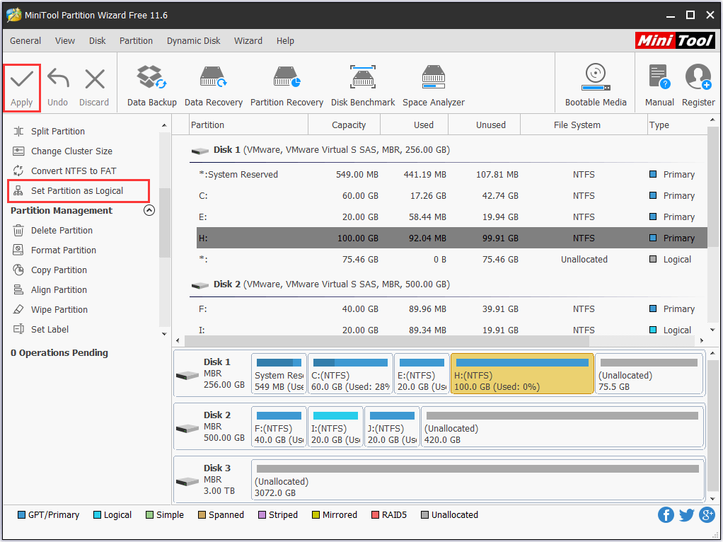 convert one primary partition near the unallocated to logical