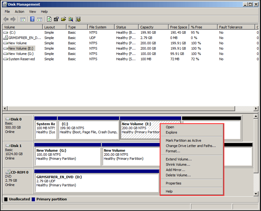 options in Sever Disk Management