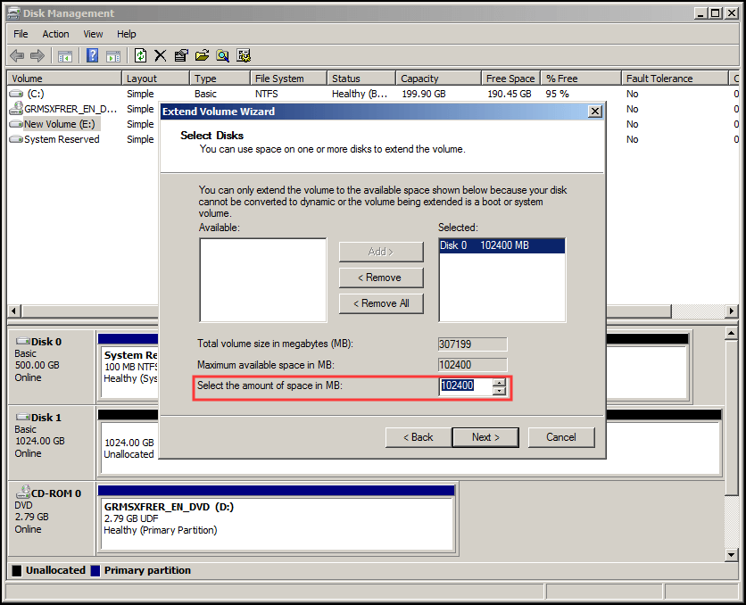 select the amount of disk space  to extend