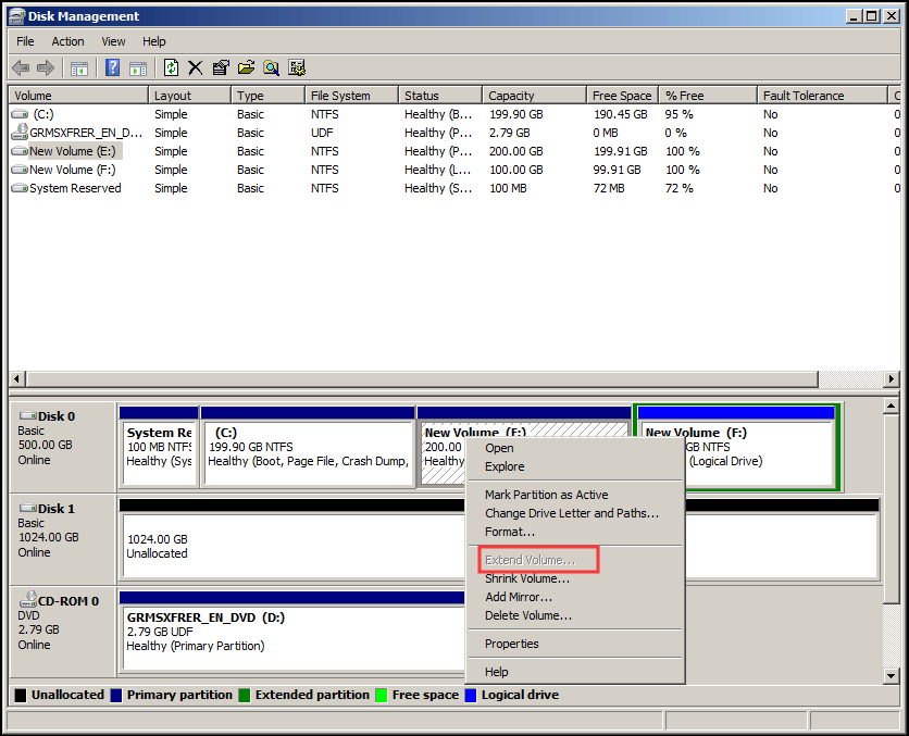 Extend Volume is greyed out