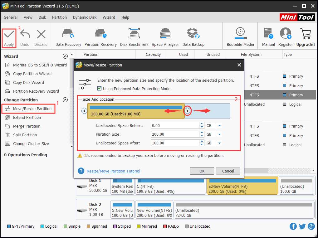 MiniTool Partition Wizard Move/Resize Partition