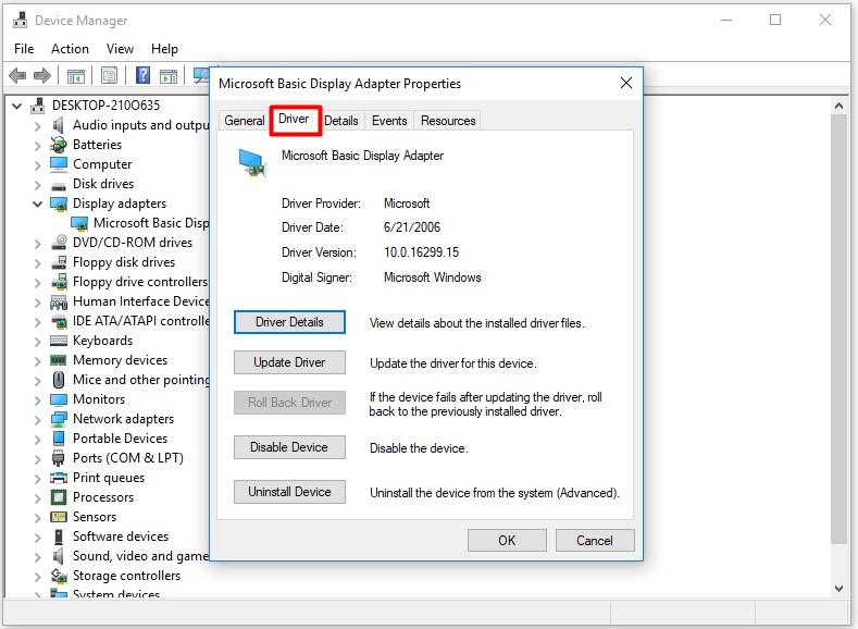 how to fix a runtime error navigate to the Driver tab
