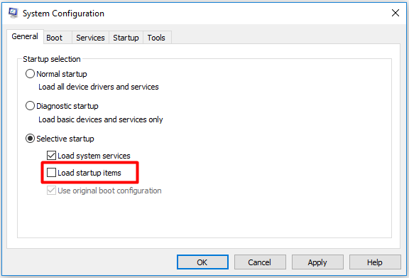 uncheck the Load Startup items option under Selective Startup