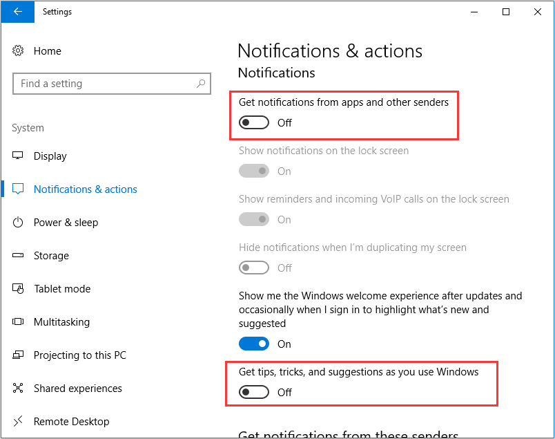 turn off notifications in Windows system settings