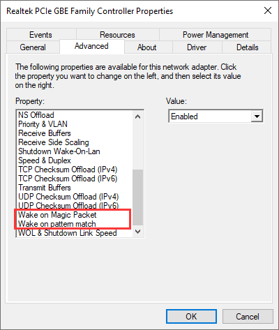 find Wake on Magic Packet and Wake on pattern match