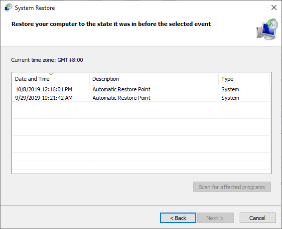choose a restore point