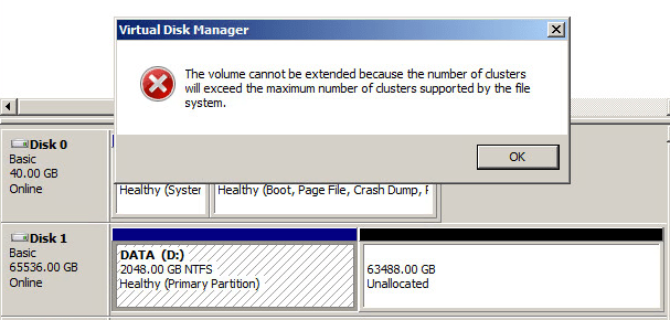 cant extend volume cluster will exceed