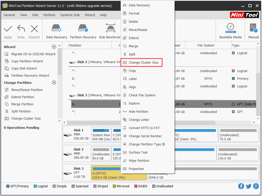 choose Change Cluster in Partition Wizard
