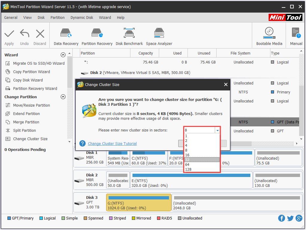 press the OK button after select the new cluster size