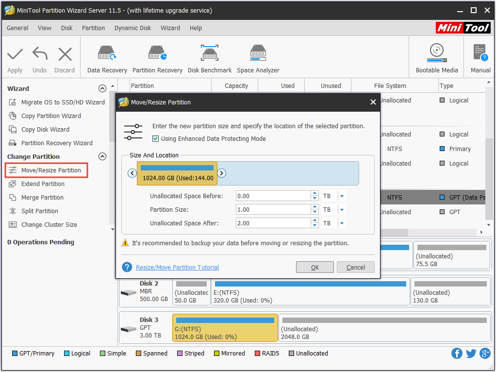 apply Move/Resize Partition feature