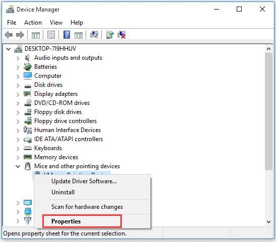 open the properties of the pointing device