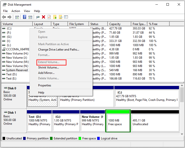 extend volume grayed out