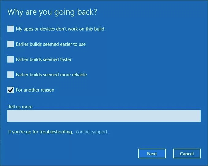 select the reason for Windows 10 rollback