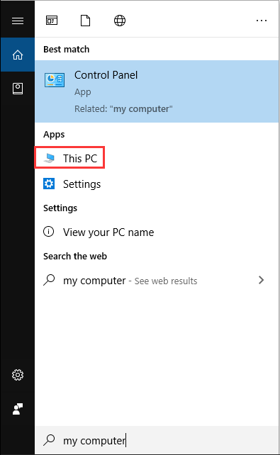 open This PC by searching in Cortana