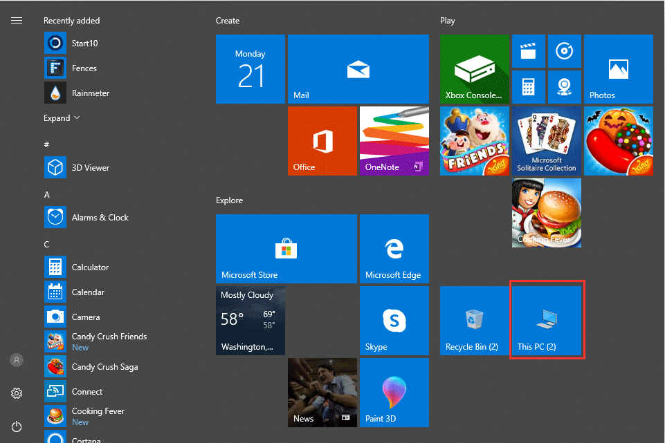 This PC tile on the Start menu