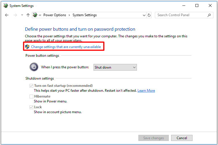 Click Change settings that are currently unavailable