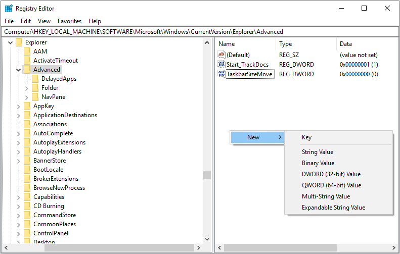 create a new DWORD (32-bit) Value
