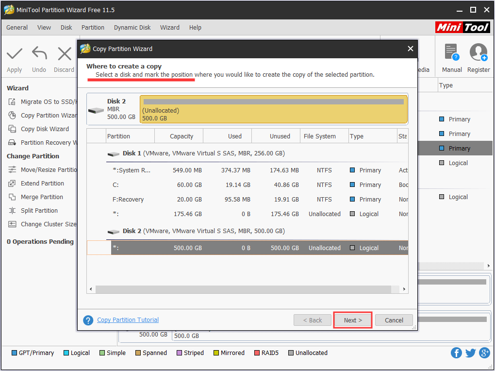 select unallocated space to hold the recovery partition