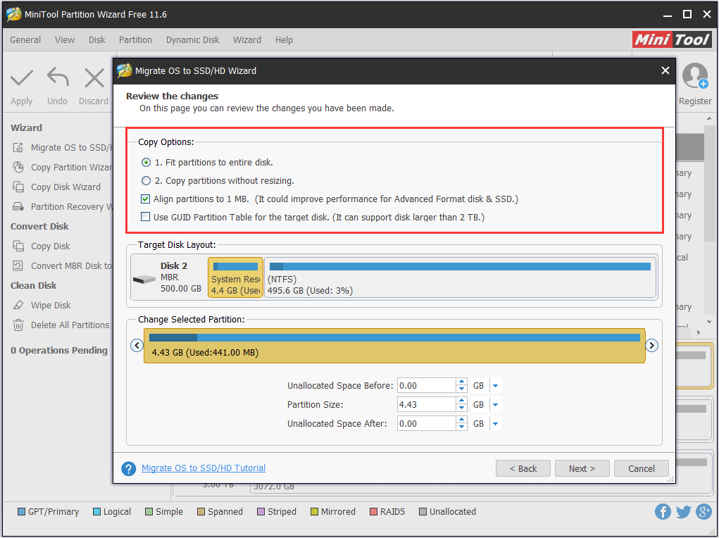 review or change the copy options