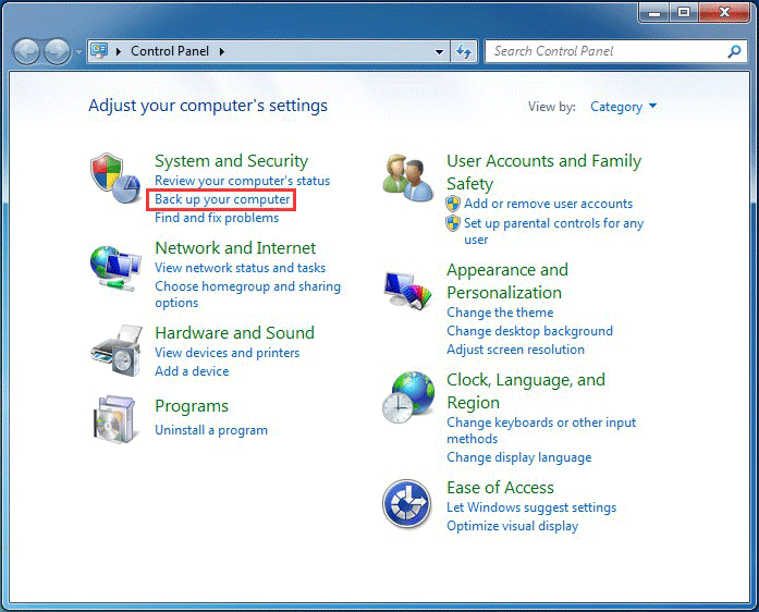 access Windows Backup tool