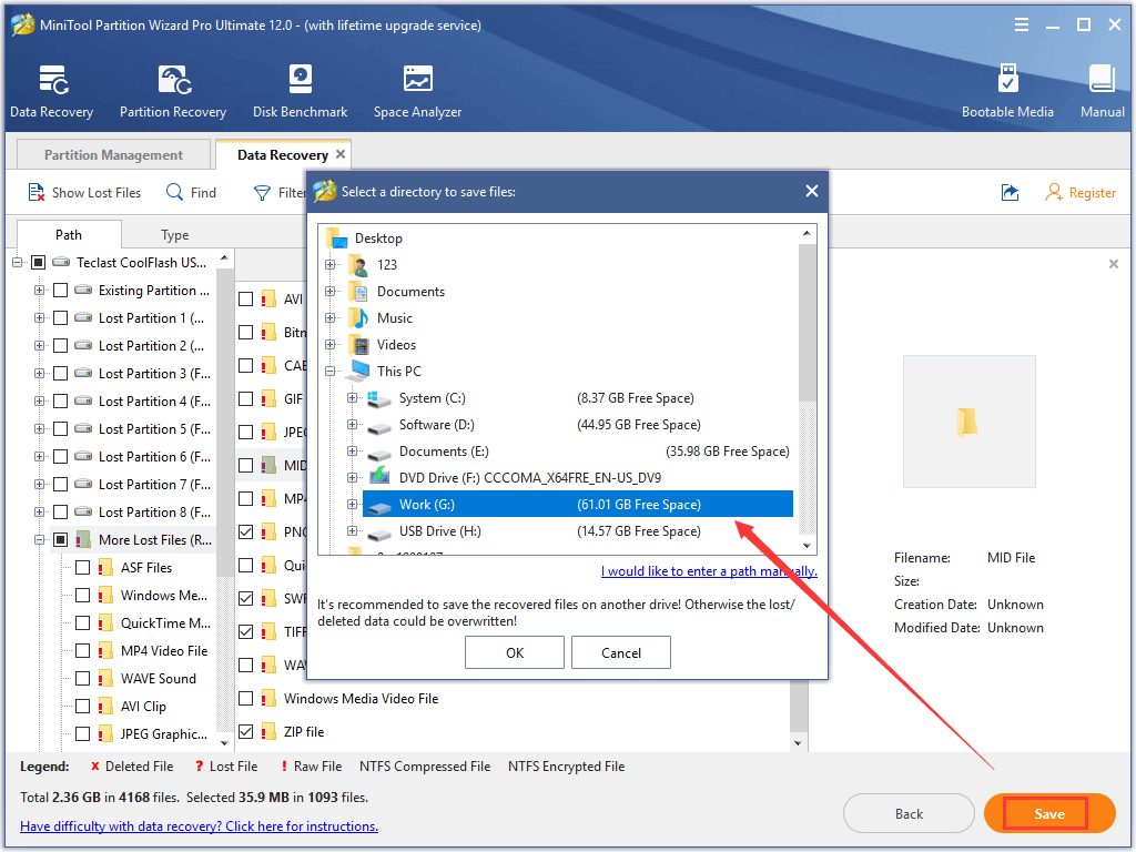 click the Save button to restore the selected files