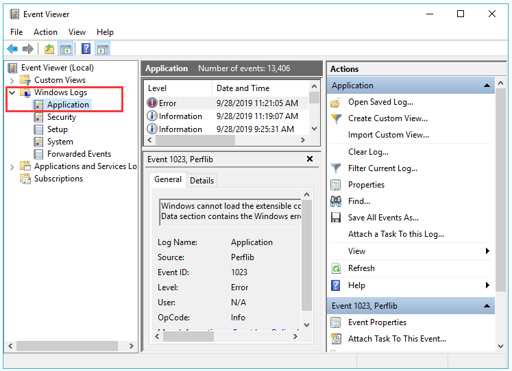expand Windows Logs to access Application