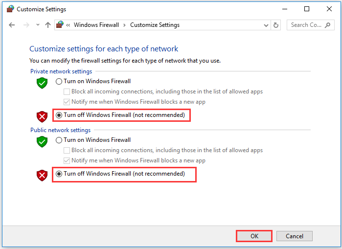 select Turn off Windows Firewall