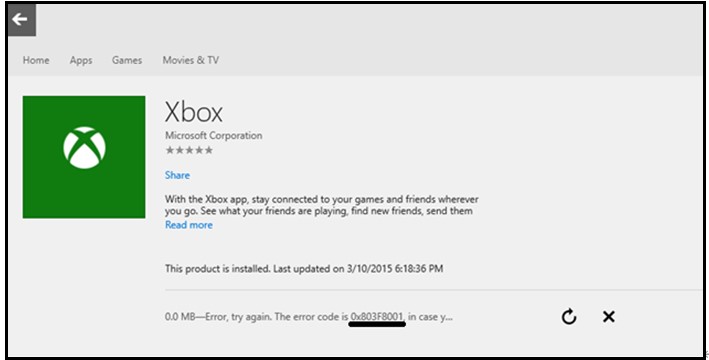 Xbox One 0x803f8001