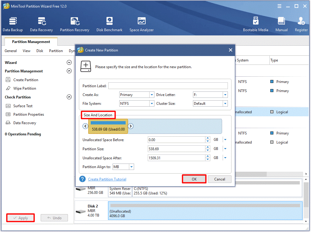 set partition parameters and carry out the operation
