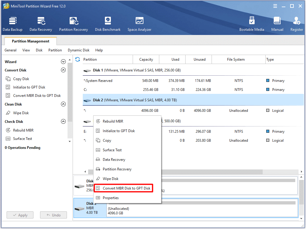 click on the Convert MBR Disk to GPT Disk option