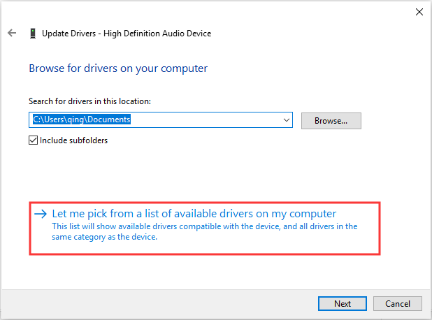 let me pick from a list of available drivers on my computer