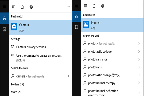 Camera app and Photos app in Windows