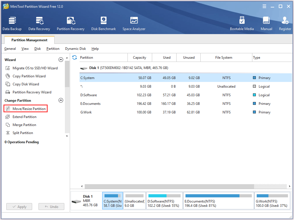 select the Move/Resize Partition feature