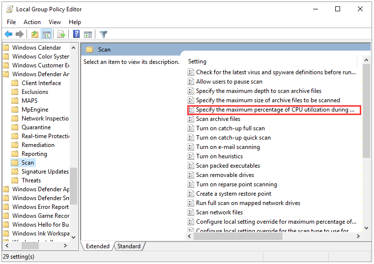 find Specify the maximum percentage of CPU utilization during a scan