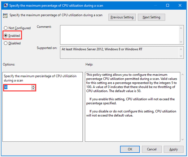 specify the maximum percentage of CPU utilization during a scan
