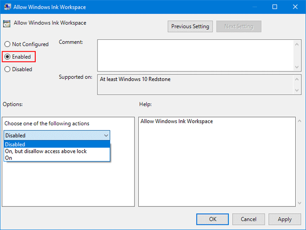 disable Windows Ink Workspace in Group Policy