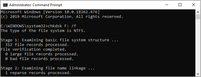 run chkdsk /f command