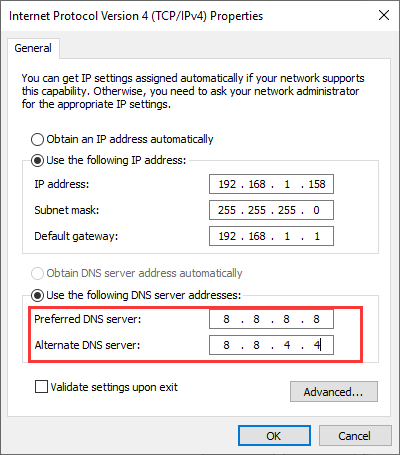 set Preferred DNS Server and Alternate DNS Server